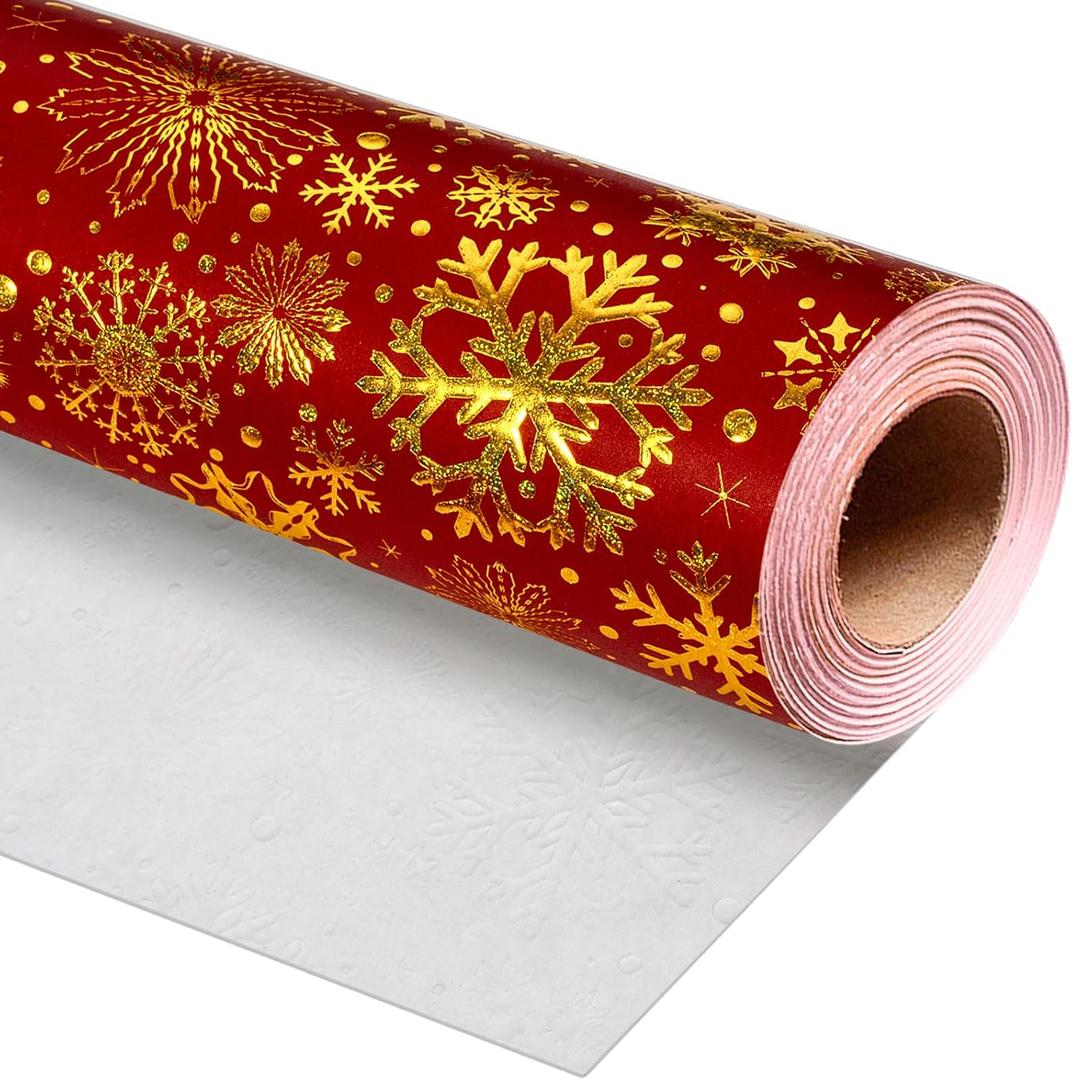 Flyhill Kraft Christmas Wrapping Paper,Gold Luxury Snowflake Metallic Gold Embossed Foil Gift Wrap Roll Design for Holiday, Party,Celebration, New Year (17 Inch X 32.8 Feet)