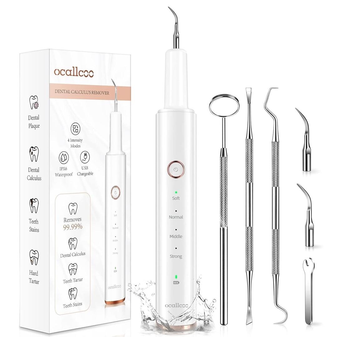 Plaque Remover for Teeth, Electric Tooth Cleaner Tartar Remover for Teeth with LED Light, 4 Modes Rechargeable Teeth Cleaning Kit with Dental Tools, 2 Replaceable Heads (White A)