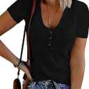 MEROKEETY Women's Summer Short Sleeve V Neck T Shirts Casual Ribbed Button Henley Knit Tops Blouse, Small Size, Black Color
