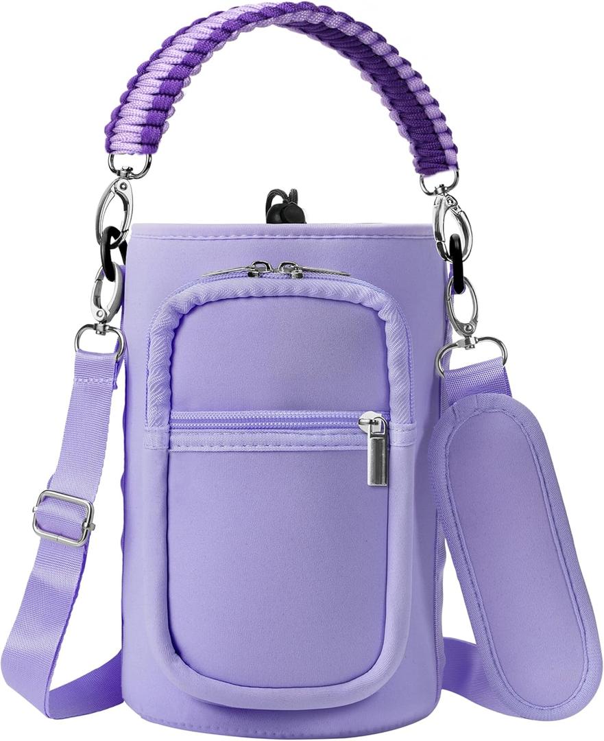 32/40/64/128 oz Neoprene Insulated Water Bottle Carrier Bag, Sling Bag Sleeve Pouch Holder with Strap & Paracord Handle and 2 Pocket for Travelling, Hiking, Camping (A5. Purple)