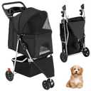3 Wheel Pet Stroller for Dogs and Cats, Foldable, Lightweight and Durable, Ideal for Small to Medium Pets, Includes Storage Basket and Cup Holders, Black