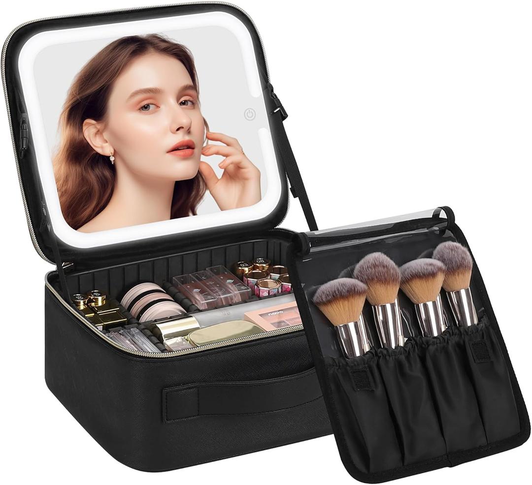 Chomeiu Makeup Bag with LED Mirror, Travel Makeup Case for Women and Makeup Artists Cosmetic Organizer Large Make Up Bags with Light Up Mirror, 3 Color Lights, Adjustable Dividers and Brush Holder (01-Black)