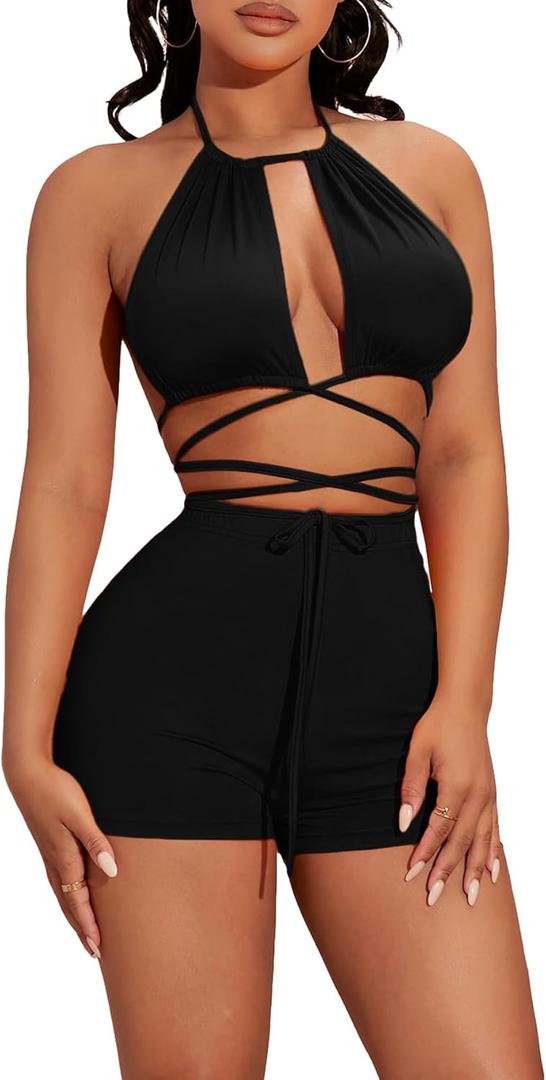 SOLY HUX Women's Sexy 2 Piece Outfits Criss Cross Halter Tie Back Crop Top and Biker Shorts Set, Size: S