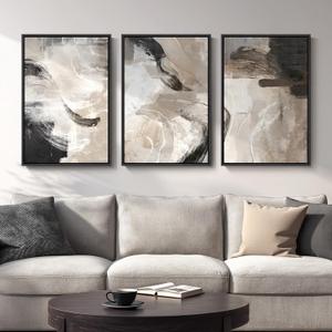 Large Framed Neutral Abstract Wall Art, 3 Piece Modern Minimalist Canvas Prints Paintings Artwork for Walls, Black Beige Brown Neutral Tone Pictures for Living Room Hallway Dining Wall Decor 20x30 In
