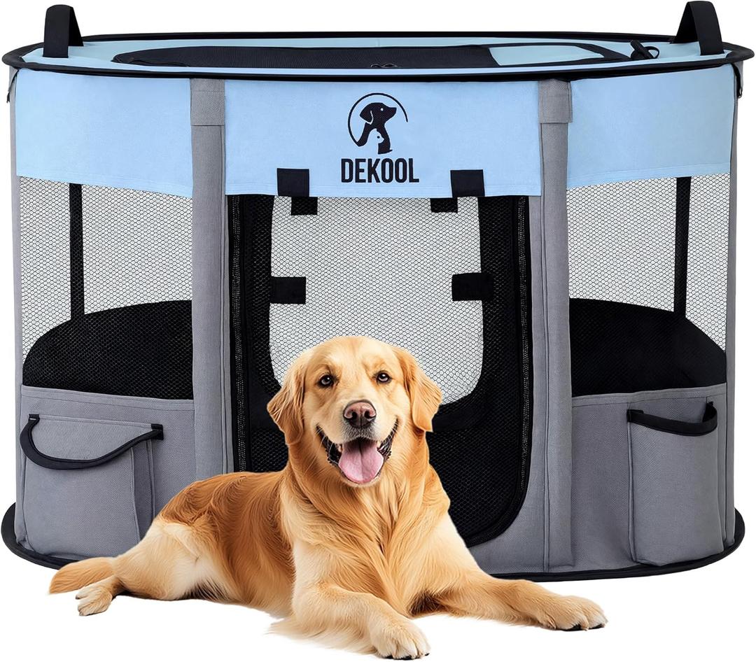 Foldable Dog Cat Playpen, Portable Dog Crate for Puppies, Cat, Puppy Play Pen for Indoors, Kennel Tent Crate for Indoor Outdoor Travel Camping Use with Carrying Case (Blue, L)