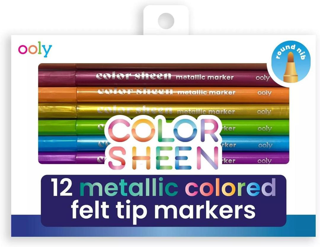Ooly Metallic Colored Felt Tip Markers Set of 12, Unique Solid Colors for White or Black Paper, Drawing and Coloring Pens for Kids and Adults, Colorful School Supplies