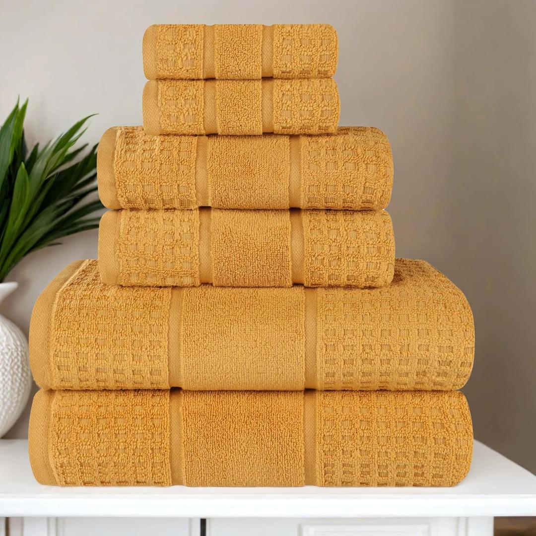 Superior Cotton 6-Piece Towel Set, Zero Twist, Waffle Border, Bathroom Essentials, Shower, Spa, Luxury Plush Soft Absorbent Towels, Includes 2 Bath, 2 Hand, 2 Washcloth/Face Towels, Gold