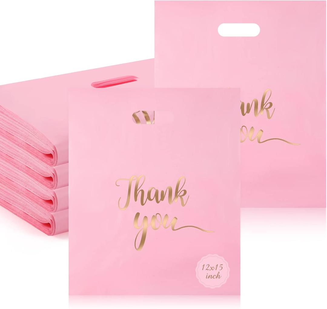 Sabary 200 Pieces Pink Plastic Thank You Bags for Small Business Plastic Shopping Merchandise Gift Bags with Handles and Gold Thank You Logo for Party Stores Business Gift Supplies(12 x 15 Inch)