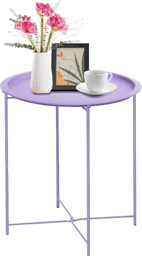 Garden 4 you End Table Metal Side Table Purple Round Folding Tray Cyan Sofa Small Accent Fold-able Table, Round End Table Tray, Next to Sofa Table, Snack Table for Living Room and Bed Room, Purple