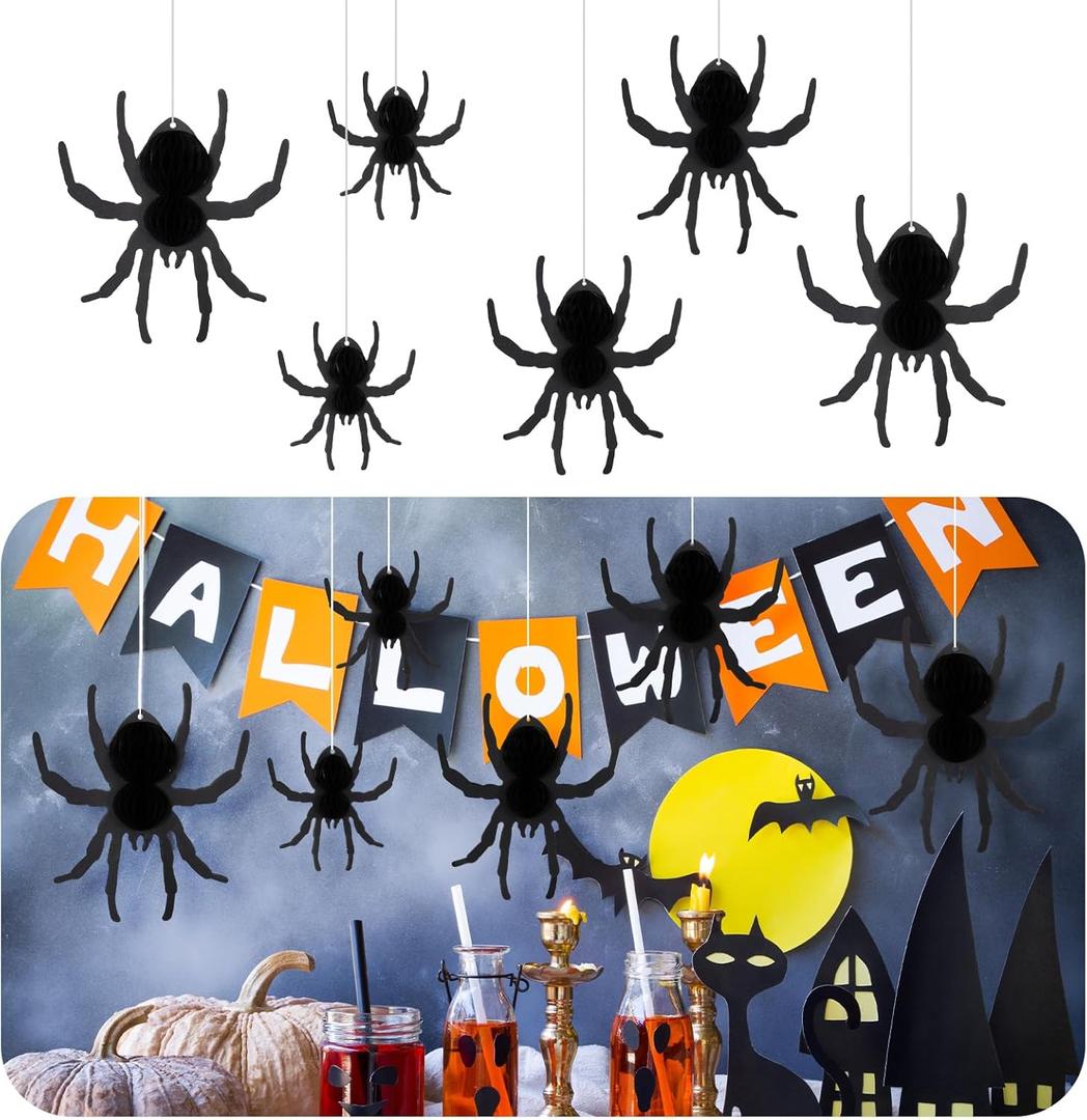 6 Pcs Halloween Hanging Spiders Decorations 3D Honeycomb Spider Ornaments Hanging Paper Spiders for Halloween Home Wall Window Decor Party Supplies Props