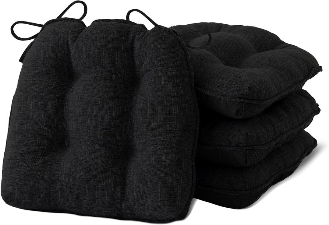 Chair Cushions for Dining Chairs Set of 4, Kitchen Chair Cushions, Chair Pads with Ties and Non Slip Backing, Tufted Memory Foam Seat Cushion 4 Pack, 18" x 18" x 4", Black