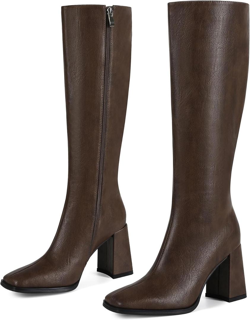 Wetviro Knee High Boots for Women Tall Boots Womens Chunky Block Heel Dress GoGo Long Boots (10, Brown)
