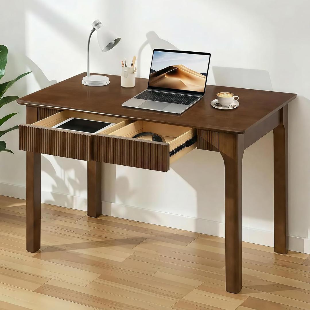 Solid Wood Desk with 2 Drawers,Mid Century Modern Fluted Writing Desk for Home Office,Bedroom,Living Room,Computer Table for Study/Work,oak wood,Easy Assembly (Walnut, 39.4"L x 22"W x 29.5"H)