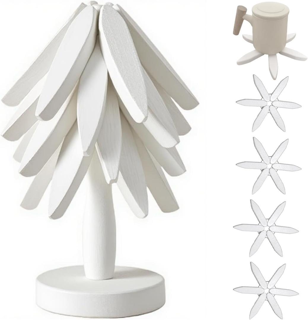 Natural Foldable Black Walnut Wooden Trivet Set - 4 Trivets + 1 Stand for Hot Dishes, Pot, Bowl, Teapot, Hot Pot Holders (White )