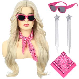 Long Blonde Cosplay Wig for Women with Bandana Sunglasses and Earrings Middle Part Blond Wavy Synthetic Hair Wigs for Womens Costume Halloween Party Daily Wear