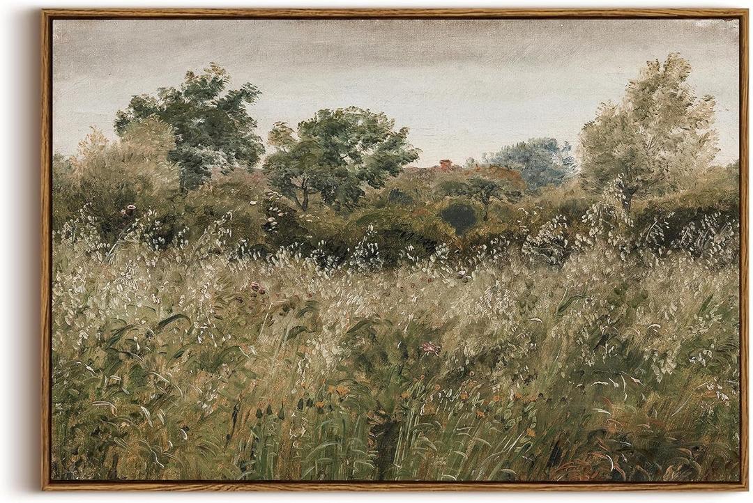 OIQArtOIQ Framed Vintage Landscape Wall Art Natural Scenery Oil Painting Canvas Prints Country Farmhouse Aesthetic Fall Decor Pictures for Kitchen Bedroom Living Room Bathroom (Oat Field)