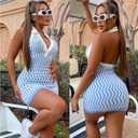 Ryehack Womens Summer Halter Mini Dress Backless Sundress Striped V Neck Bodycon Beach Vacation Sexy Birthday Club Outfits (Blue, XXL)