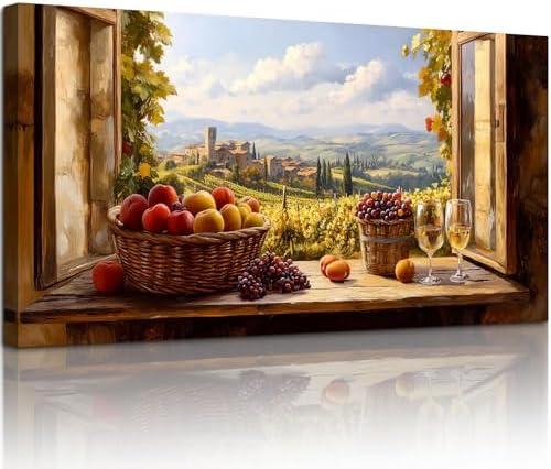 crmotu Rustic Wall Art, Orchard Beyond the Windowsill Prints 29x57 In | Faux Window Wall Decor, Fruit Harvest Extra Large Paintings, Orchard Pictures, Ready to Hang, Hardware Included