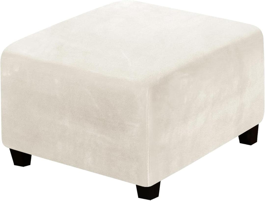 Velvet Ottoman Cover, Stretch Footstools Covers, Plush Foot Stool Slipcover, Removable Footrest Stool Sofa Slipcovers, Folding Storage Stool Furniture Protector for Living Room(White,Square)