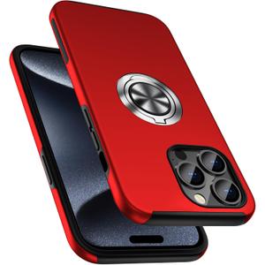 PELEPUES Shockproof Case for iPhone 15 Pro Max, [Embedded Finger Ring] Military Grade Phone Case Cover with Reinforced Metal Stand Kickstand [Support Magnetic Car Holder] for iPhone 15 6.7'', Red