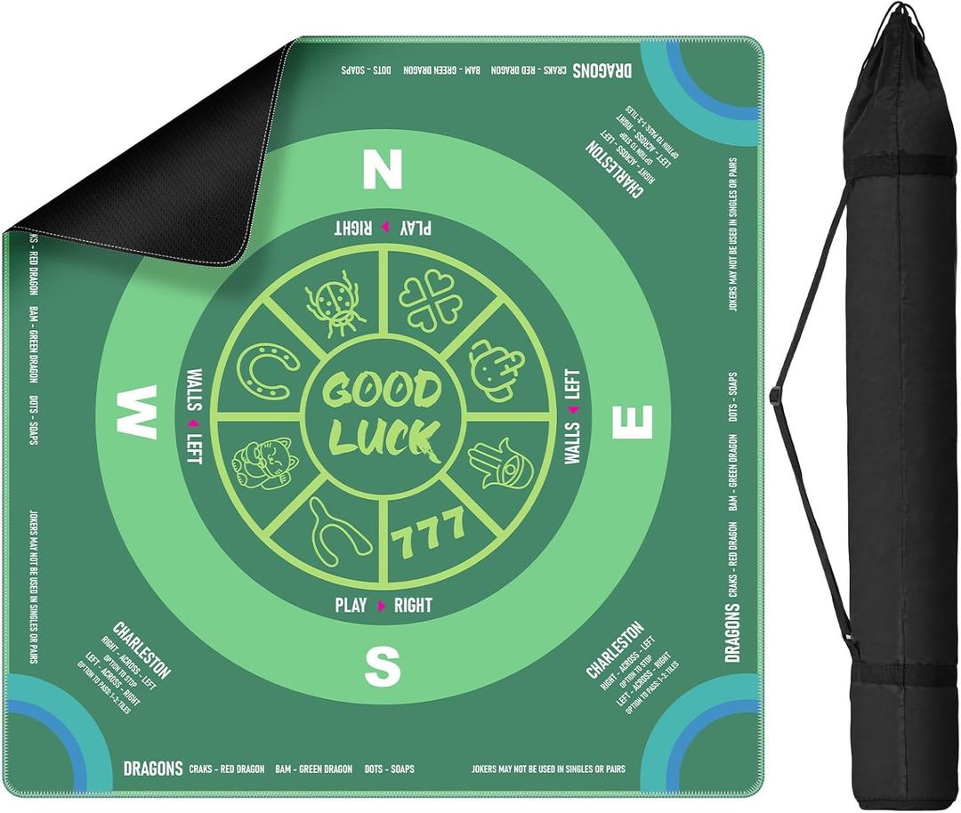 Mahjong Mat for Table with Carrying Bag, 32.4" x 32.4" Non-Slip Neoprene Mahjong Mat with Rules, Noise-Reducing Gaming Mat for Mahjong, Poker, Cards, Board and Tile Games - Green