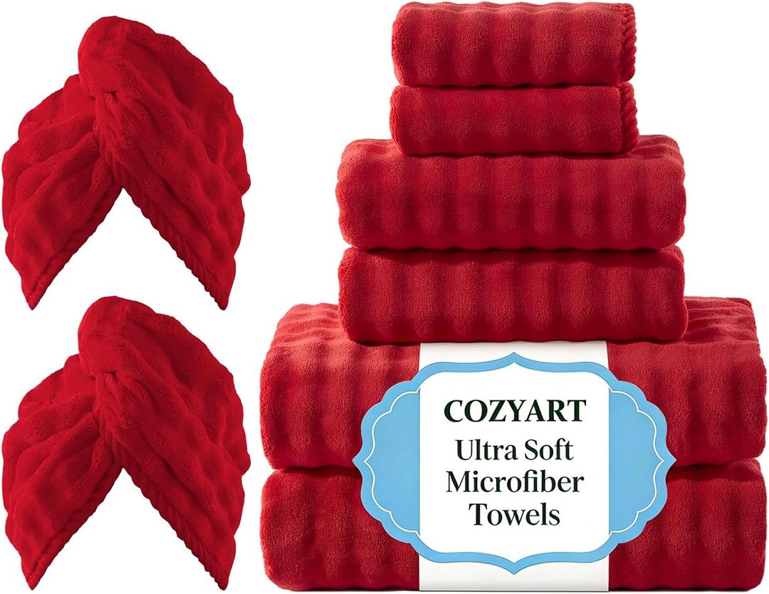 COZYART Lint Free Towel Sets 8 Pcs Red, Thick, Super Soft, Absorbent & Quick Dry Microfiber 3D Bubble Bathroom Daily Use Set with 2 Bath Towels, 2 Hair Towels, 2 Hand Towels, 2 Washcloths