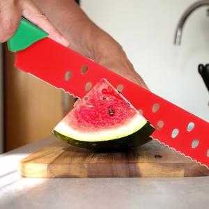 DECHOUS Watermelon Knife with Sleeve: Long Serrated Watermelon Knife for Melon Cutting - Kitchen Fruit Melon Cutter Slicer for Home Summer Party Fruit Serving (Red Green)