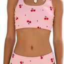 Girl's Cherry Print Bikini Set Scoop Neck Crop Tank Two Piece Summer Swimwear Cute Bathing Suit Beach Outfit (Pink, XS)
