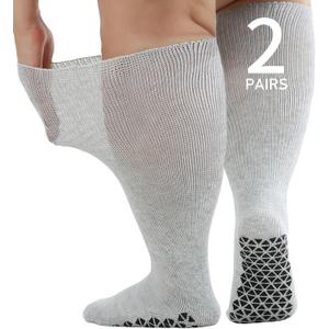 Wide Diabetic Socks for Men Women, Non Slip Grip Extra Long Edema Sock with Thickened Sole, Non-Binding Loose Fit Socks for Lymphedema, Neuropathy, Swollen Feet, Hospital-2 Pairs Gray