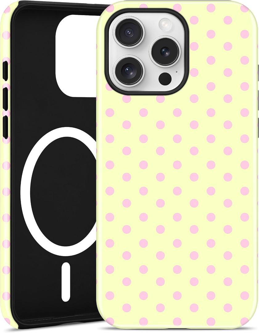 Jusy Magnetic Polka Dot Case for iPhone 11,Yellow Pink | Compatible with MagSafe, Cute Aesthetic Polka Dots Design, TPU and PC Protective Shockproof Cover