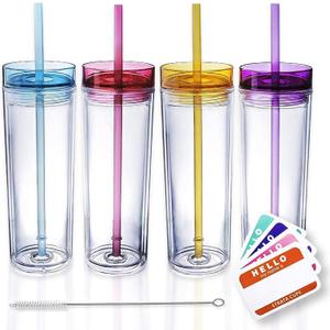 SKINNY TUMBLERS 4 Colored Acrylic Tumblers with Lids and Straws | Skinny, 16oz Double Wall Clear Plastic Tumblers With FREE Straw Cleaner & Name Tags! (Multicolor, 4)
