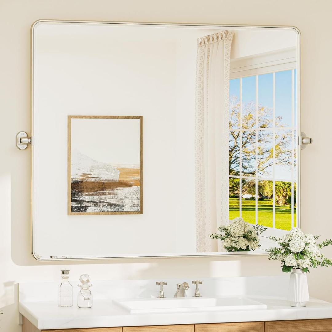 TETOTE Pivot Bathroom Mirror Brushed Nickel 42 x 36 Large Tilting Beveled Tempered Glass Mirror, Metal Framed Rectangle Vanity Mirror, Modern Farmhouse Adjustable Tilted Mirrors, Horizontal/Vertical