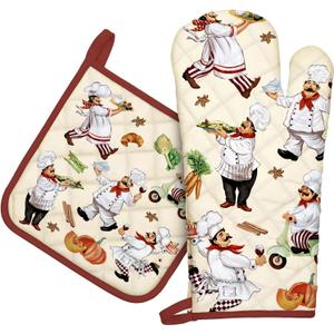 Chef Oven Mitts and Pot Holders Sets 2Pcs, 100% Cotton Heat Resistant, Extra Long Oven Gloves Potholder for Kitchen Cooking Baking Decoration, Housewarming Gifts for Mom