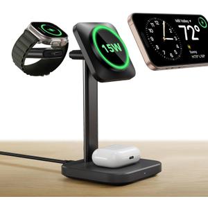ESR 3 in 1 Wireless Charging Station, [Certified] Apple Watch Charger & 15W MagSafe Charger Stand for iPhone, Wireless Charger for Multiple Devices iPhone 17-12&Watch&AirPods,Black