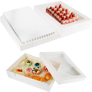 10 Sets 19x14x4in Rectangle Cake Boxes with Boards, White Large Bakery Boxes with Window for Quarter Sheet Cakes Donuts Cupcakes Pie Package