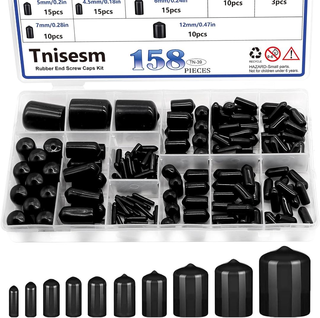Tnisesm 158Pcs Rubber End Caps - Black Round Vinyl End Caps Bolt Screw Covers & Protectors in 2/25" to 4/5" (Black)