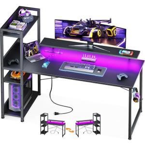 ODK Reversible 55 Inch Gaming Desk with USB Charging Port and LED Lights, Computer Desk with Storage Shelves and Monitor Stand, Study Table for Home Office, Morden Desk for Bedroom, Carbon Fiber Black