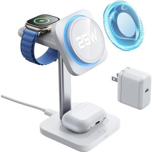 ESR for 3 in 1 Charging Station, Qi2.2 Certified 25W MagSafe Charger Stand with CryoBoost, Phone-Cooling Fast Charging Station, for iPhone 17/16 with iOS 26, AirPods, Apple Watch, White