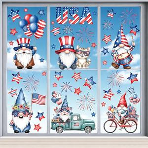 9 Sheets Patriotic Gnome 4th of July Window Clings, Hianjoo 97 Pcs Red White Blue Static Decals with Stars, Independence Day Memorial Day Home Glass Party Decorations