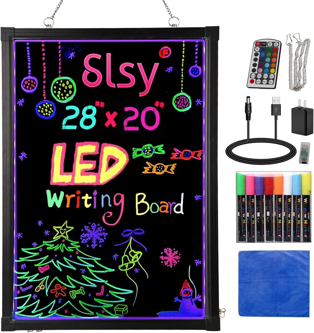 Slsy Illuminated LED Message Writing Board Erasable Neon Effect Menu Sign Board with 8 Makers, 12Colors Flashing Modes, Remote Control Message Board (28"X20")