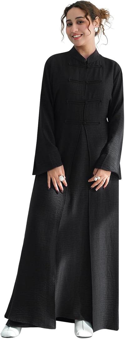2PCS Womens Muslim Abaya Dress Soft Light Prayer Clothing Stand Collar Full Coverage Cardigan Dress Outfits (Medium, Black)