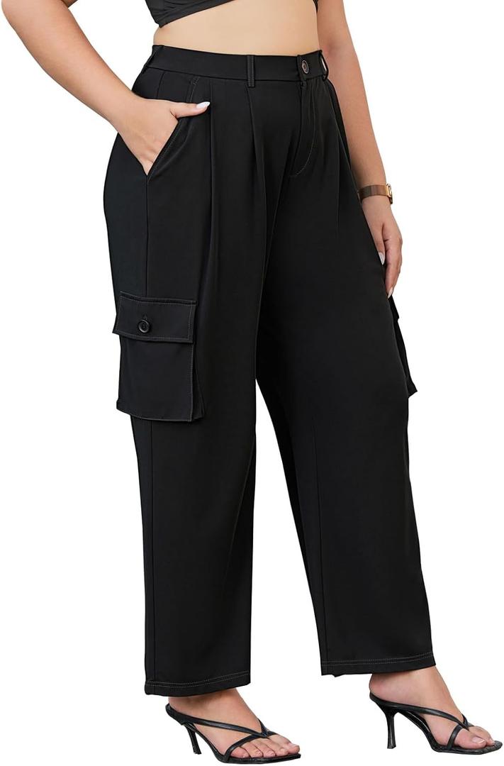 DGD Women's Plus Size High Waisted Cargo Dress Pants - 4-Way Stretch Office Trousers with Elastic Waist & Utility Pockets, 4XL, Black