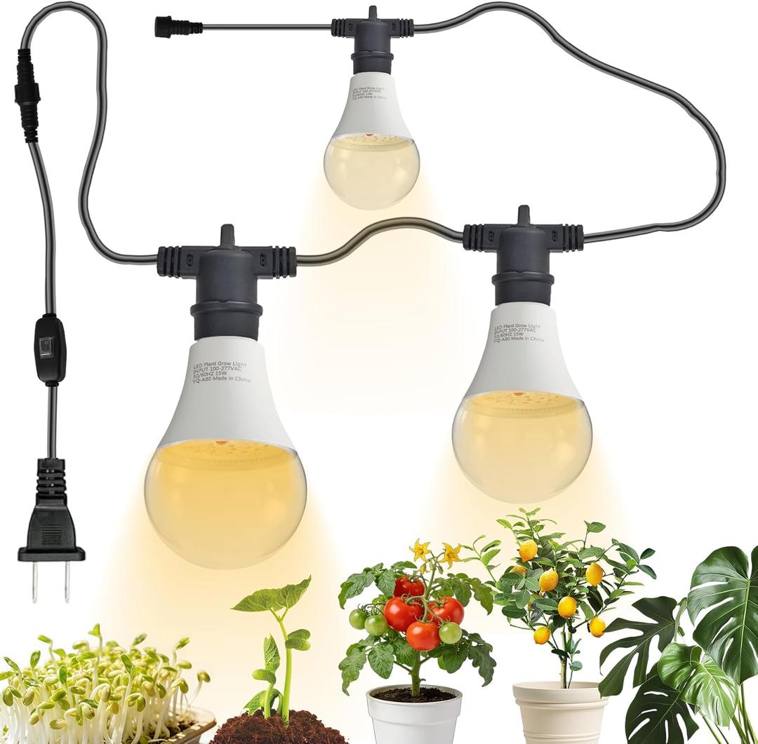 LED Grow Light String Bulb A25 Bulb, Full Spectrum Growing Lamp Bulbs E26 Base, 15W 130W Equivalent, Outdoor and Indoor Plants, Seed Starting (3 Bulbs 45W (12FT))