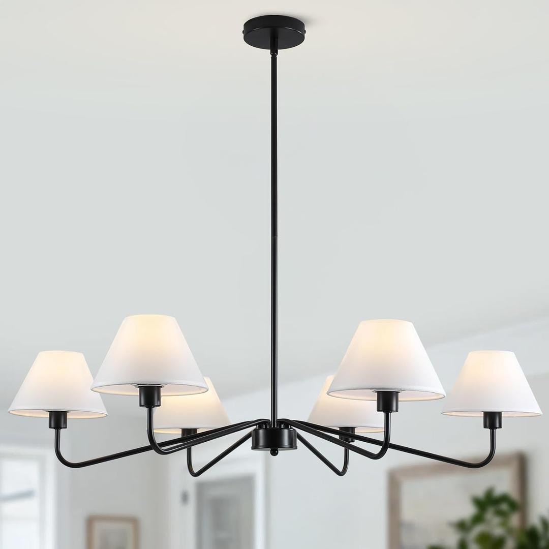 37" Black Dining Room Light Fixture, 6-Lights Modern Chandeliers with White Fabric Shade, Classic Farmhouse Ceiling Light Hallway Pendant Lighting for Kitchen Island Living Room Bedroom Entryway Foyer