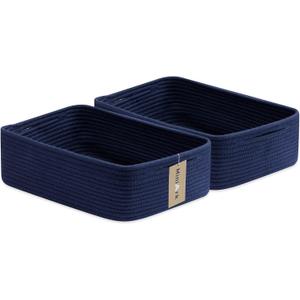 Large Shallow Organizing Baskets 15x11x5.1 Inches - Rope Woven Storage Bins for Bathroom, Shelves, Cube Closet, Navy Blue 2 Packs