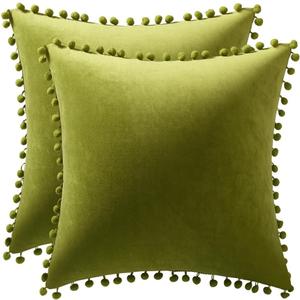 DEZENE Couch Pillow Cases 16x16 Chartreuse: 2 Pack Cozy Soft Pom-poms Velvet Square Throw Pillow Covers for Farmhouse Home Decor (16" x 16" (Pack of 2))