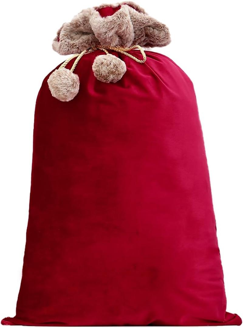 Christmas Santa Sack, Reusable Drawstring Plush Large Christmas Gift Bag for New Year Party Supplies Favors Style A Red