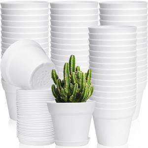 June Fox 60 Pack Small Plant Pots Indoor 4 Inch Plastic Planter with Drainage Holes and Saucers Premium Decorative White Plant Pot for Succulent, African Violets, Flowers, Plants