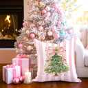 Christmas Tree Pillow Cover 18x18 Pink Coquette Holiday Throw Pillow Case with Bow and Stripes Cute Feminine Christmas Cushion for Bedroom or Sofa Decor