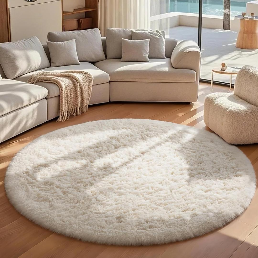 Ophanie Round Rugs 84in Ivory Circle Area Rug, Living Room Aesthetic Decor, Fluffy Fuzzy Bedroom Carpet, Plush Soft Shaggy Cream Rugs for Kids Home Decor, Nursery with Over 99 pcs Pile fibers